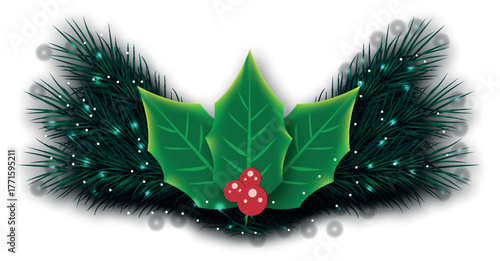 Christmas Holly and Pine Branch Decoration vector illustration