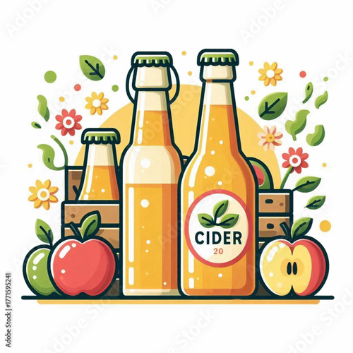 Cider bottles  fruit red  green apples with leaves Flowers  crates