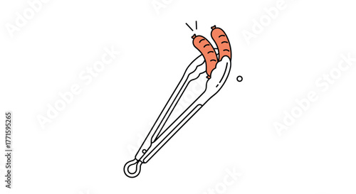 A pair of silver kitchen tongs expertly grips two orange-brown sausages, one emitting small lines to suggest it's hot and freshly cooked.