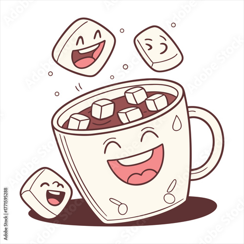 Happy mug of hot chocolate with falling marshmallows