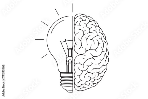 Creative concept showcasing the synergy between human brain and lightbulb, isolated on white background, representing innovation and intellectual power