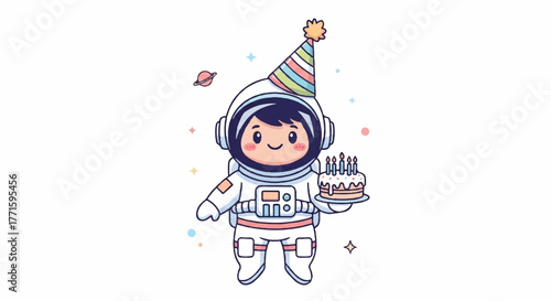 A cartoon astronaut in a white spacesuit and colorful party hat holds a birthday cake with candles against a white background with festive confetti and a joyful mood.