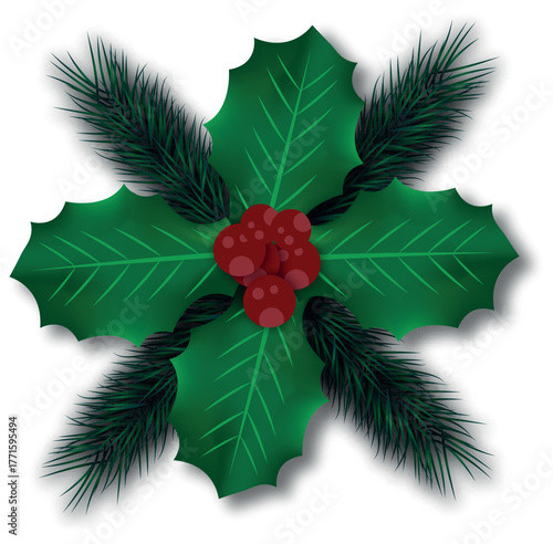 Christmas Holly and Pine Sprig Arrangement with Red Berries