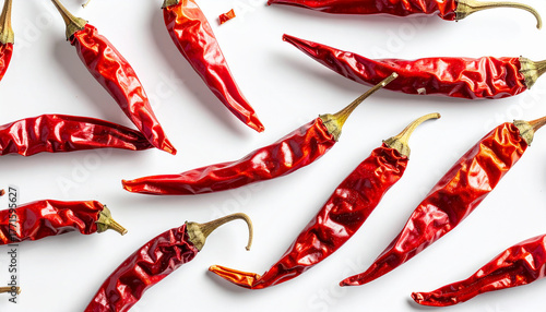 Fototapeta Naklejka Na Ścianę i Meble -  Dried red chili peppers on white background, natural curves and textures, earthy spice presentation