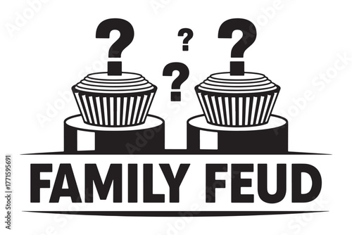 Family feud logo featuring question mark cupcakes, isolated on white background, symbolizing the popular game show and its trivia challenges
