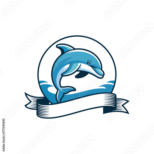 Jumping Dolphin Vector Logo Illustration with Waves and Banner