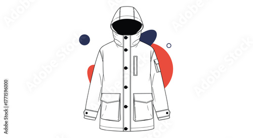 Detailed line art illustration of a modern winter parka jacket with a hood, buttons, and practical pockets, highlighted by abstract colorful shapes.