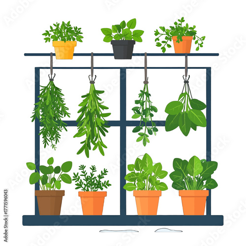 Indoor Herb Garden in Colorful Pots on Blue Window Sill in Pixel Art Style