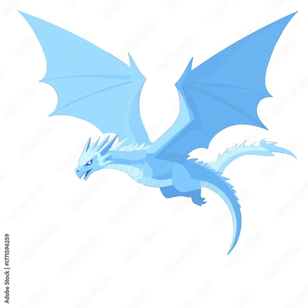 Obraz premium Pixelated Blue Ice Dragon with Spread Wings Flying on White Background