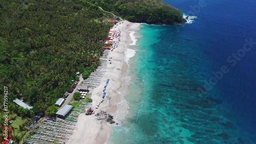 Aerial view of Virgin or white sand beach in Bali, paradise coastline