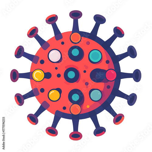 Stylized Microscopic View of a Viral Pathogen with Spikes and Colorful Dots on a White Background