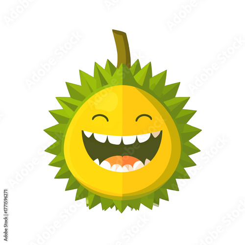 Cartoon Durian Character with Happy Smiling Face Expression on White Background
