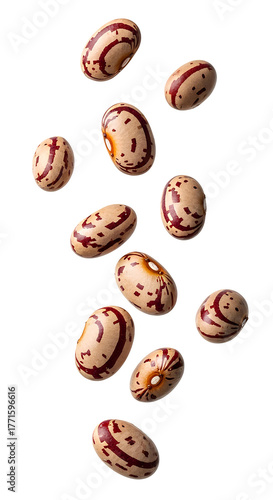 Dried pinto beans falling PNG.. Speckled legumes in motion. Staple ingredient for Mexican and Southwestern cuisine. Raw, uncooked beans for healthy, high protein and fiber-rich meals isolated