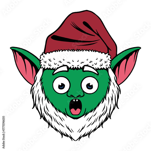 Cartoon goblin wearing Christmas hat hand drawing style