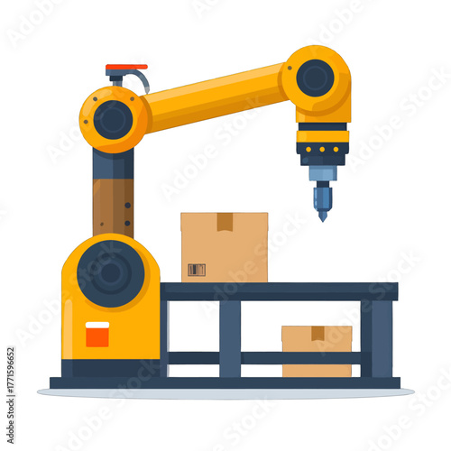 Yellow Robotic Arm Assembling Cardboard Boxes on Conveyor Belt System with White Background in Flat Illustration Design