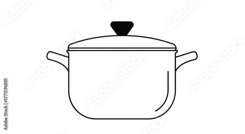 A minimalist line art illustration of a common cooking pot with a lid and two handles, ideal for kitchen and culinary themes.