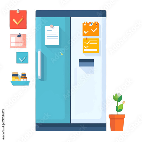 Office Refrigerator with Task Checklist and Green Plant in a Pot Illustration
