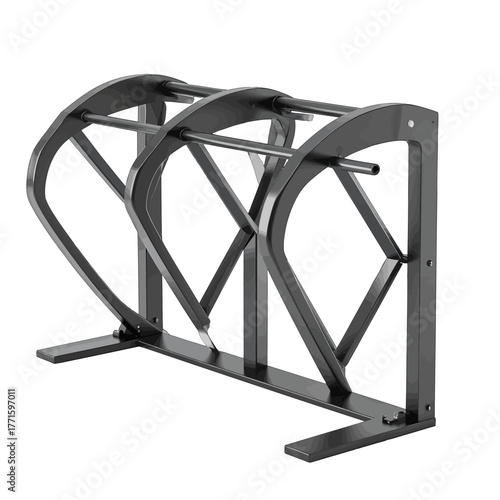 Geometric Black Metal Bike Rack with Arched Supports and Crossbars on White Background Outdoor Urban Furniture Modern Design