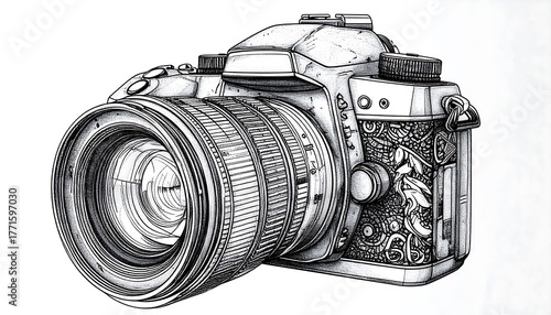 Detailed monochrome illustration of a digital camera, featuring a lens and ornate detailing on the body, set against a white background