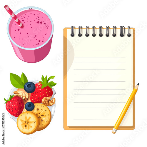 Berry Smoothie in Glass Next to Notebook and Fruit Plate on White Background