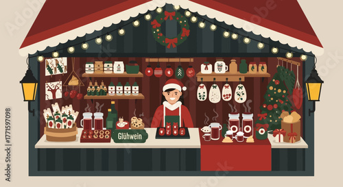 A vibrant flat design illustration depicting a charming Christmas market stall in Bruges, bustling with festive goods and a welcoming vendor. It captures the essence of holiday shopping.