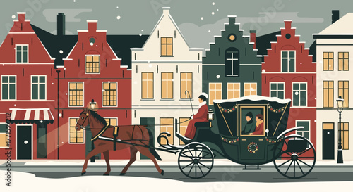 A charming flat design illustration featuring a festive horse-drawn carriage touring the historic, snow-dusted streets of Bruges in winter. It symbolizes traditional sightseeing and holiday enchantmen