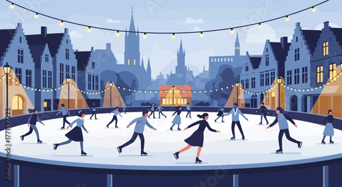 A cheerful flat design illustration showcasing an outdoor ice skating rink in Bruges, set against the city's iconic gabled architecture and festive lights. It captures the joy and activity of winter.