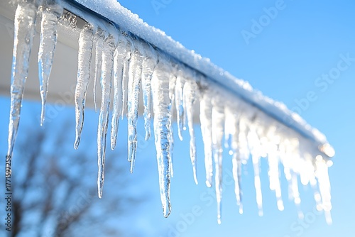 Icicles Hanging from Snowy Roof Edge