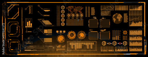 High-tech data visualization dashboard displaying various statistics and analytics in orange and black color scheme