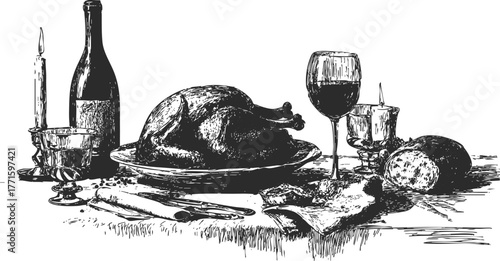 Vintage festive dinner table illustration. Hand drawn roasted turkey, wine, and bread composition. Thanksgiving, Christmas, or restaurant menu design.