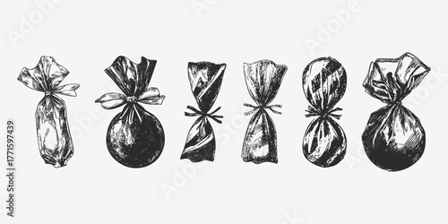 Retro candy assortment illustration. Set of vintage hand drawn sweets and bonbons in sketch style. Confectionery branding and nostalgic packaging design.