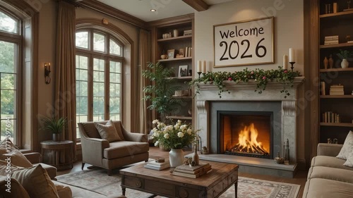 Wallpaper Mural A luxurious living room interior with a warm, burning wood fireplace, decorated for new year  Torontodigital.ca