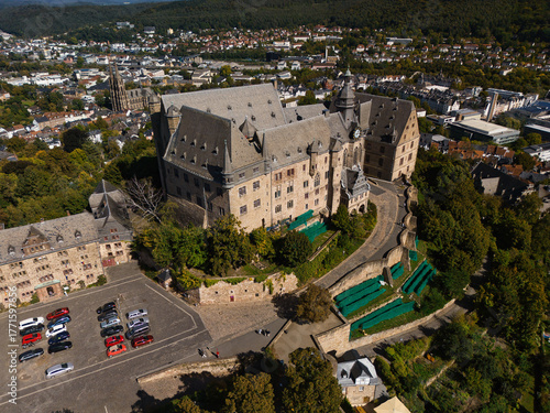 Aerial View of Historic Castle and Cityscape