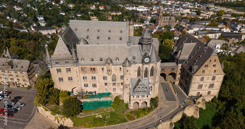 Aerial View of Historic Castle and Cityscape