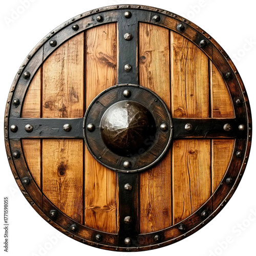 An old medieval shield with scratches, isolated on a transparent background, in PNG format. An accessory for historical or fantasy-themed projects.