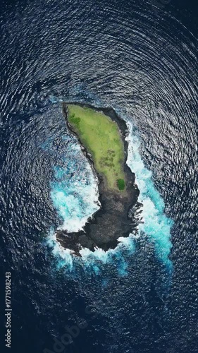 Scenic rocky island in ocean, top view, aerial view