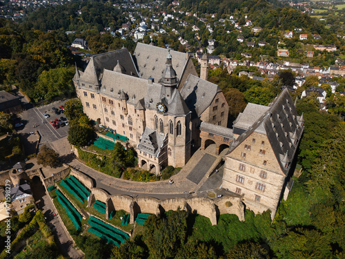 Aerial View of Historic Castle and Cityscape