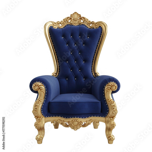 Ornate blue velvet throne chair with gold trim isolated on transparent background