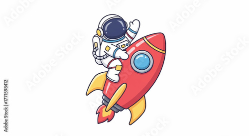 Cartoon astronaut riding a red rocket ship with yellow fins and blue window against a plain white background.