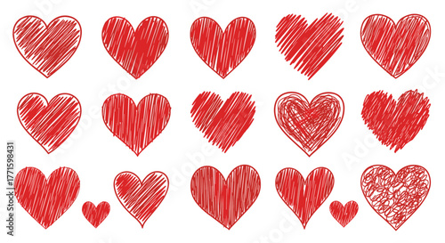 A charming collection of hand-drawn red hearts in various scribble and sketch styles, perfect for themes of love, romance, and Valentine's Day.