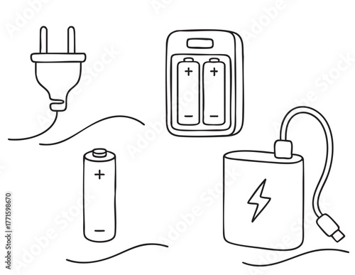 line sketch set objects elements power supplies rechargeable batteries