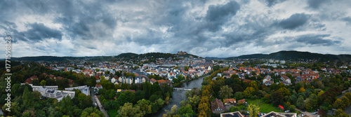Aerial View of European Town with Castle and River