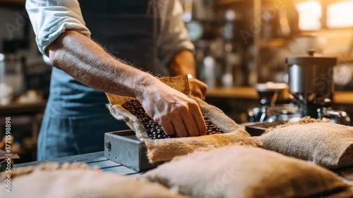 A person handling coffee beans in burlap sacks