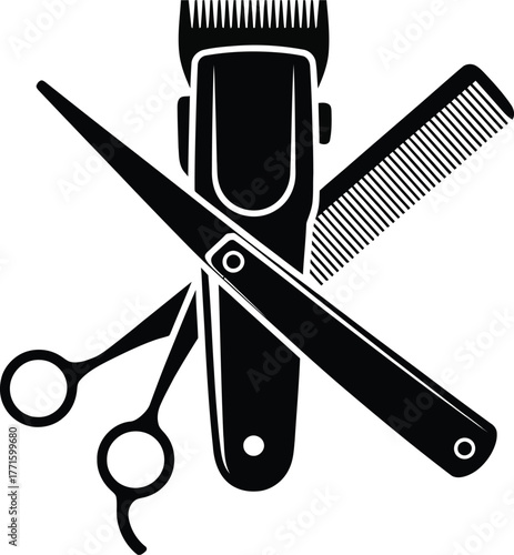 Classic barber tools crossed featuring clipper scissors and comb for grooming services