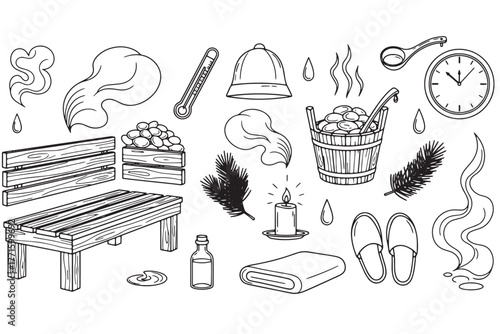 Wallpaper Mural Sauna accessories isolated on white background bench, bucket, thermometer, hat, clock, towel, candle, oil, slippers, steam, ladle, and fir branches Torontodigital.ca