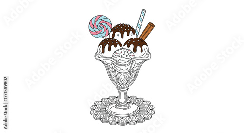 Line art illustration of a dessert sundae with chocolate-drizzled ice cream, lollipop, straw, and wafer in an ornate glass on a doily.
