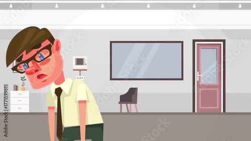 Animated sad boy standing alone outside school, symbolizing bullying, loneliness, or emotional distress