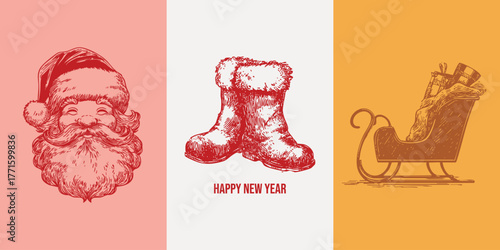Vintage Santa Claus face, boots, and sleigh illustration. Hand drawn sketchy line art Christmas cards. Vector set for retro holiday posters, and nostalgic seasonal design.