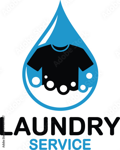 Clean laundry service logo with t-shirt inside a water drop and bubbles