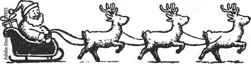 Minimal crayon drawn black ink line illustration of Santa sleigh with reindeer. Vintage holiday vector.